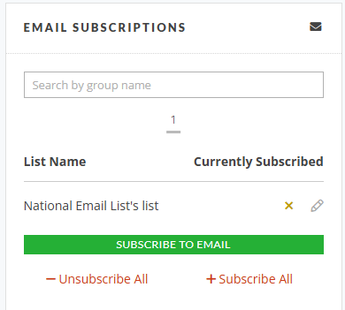 Screenshot of the 'Email Subscriptions' section in an Action Network profile. A search bar allows searching by group name. The list displays a 'National Email List's list' with an unsubscribe icon next to it, indicating the user is currently unsubscribed. Below, there are buttons for 'Subscribe to Email,' 'Unsubscribe All,' and 'Subscribe All.