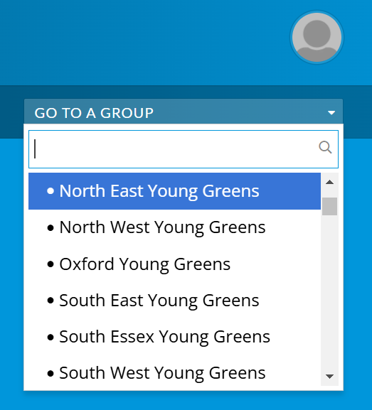 Dropdown menu titled 'Go to a Group,' displaying a list of selectable groups with 'North East Young Greens' highlighted.