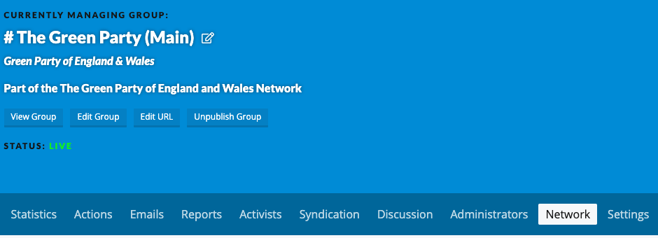 The group management menu with Network highlighted.