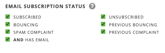 The Action Network email subscription status filters from the report builder, in Query mode. It shows all seven checkboxes ticked.