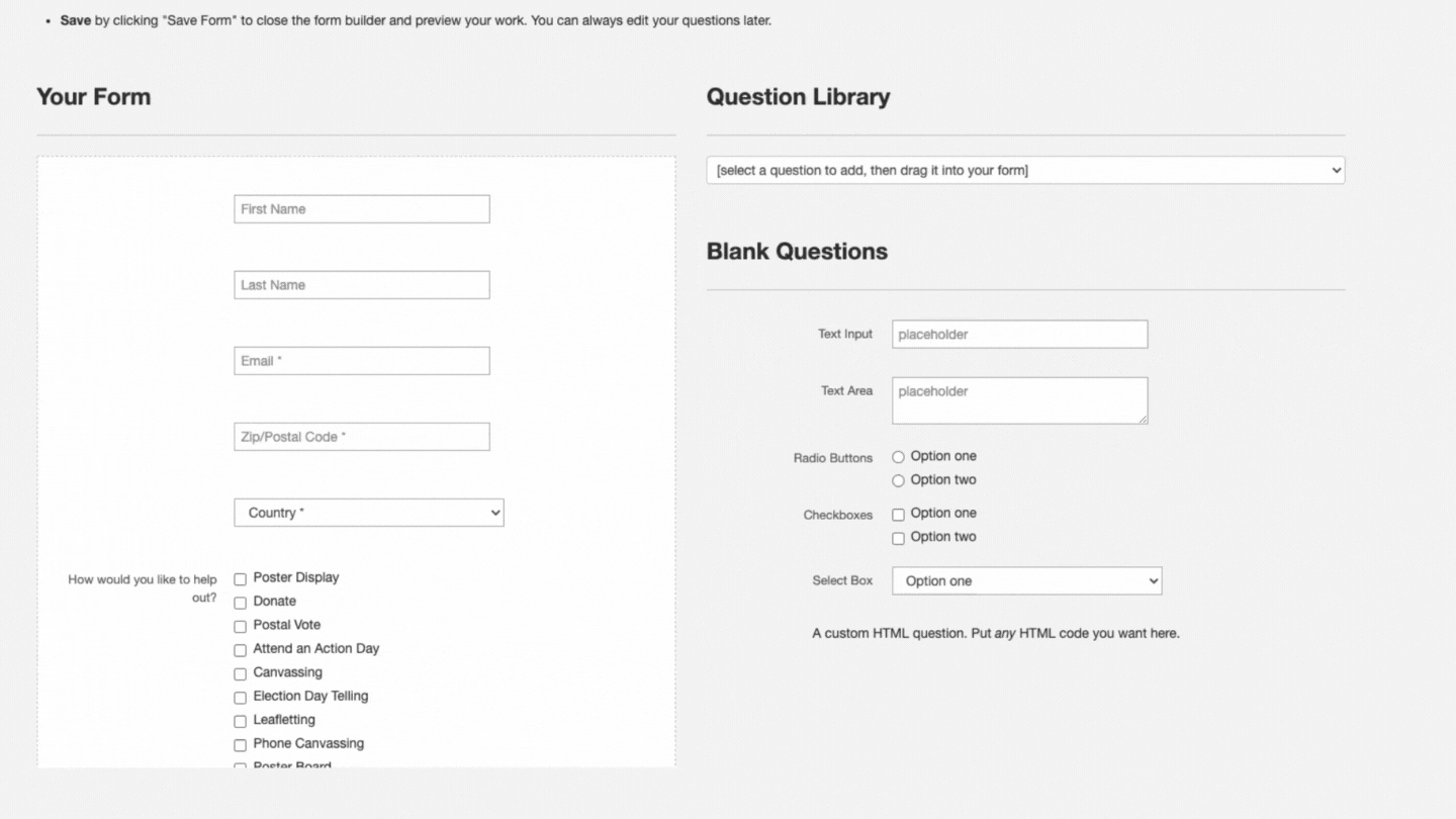 A short animation showing a checkbox question being dragged from the Blank Questions menu into a form.