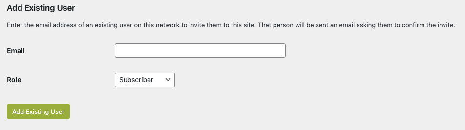 The add existing user form showing fields for email and role.