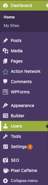 The WordPress dashboard main navigation menu with Users highlighted.