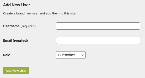 The add new user form showing fields for Username, Email and Role.