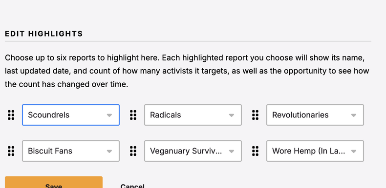 Edit Highlights panel showing six recurring reports selected