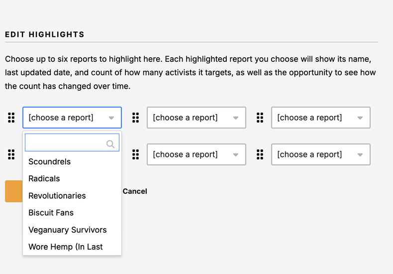 Report selector open at its normal size, showing playful recurring report names
