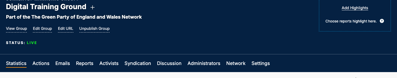Digital Training Ground group page with the Add Highlights button highlighted