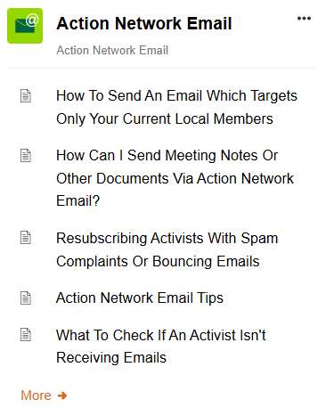 Screenshot of the Action Network Email section on the Green Party Digital Support Site. It lists five articles. A 'More' link is visible at the bottom.