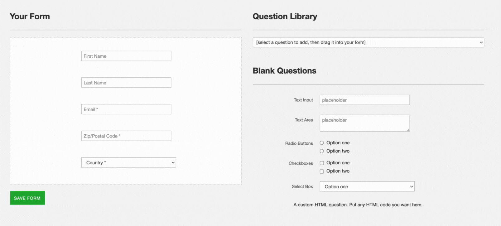 An animated GIF showing a Radio Button question being dragged into a form.
