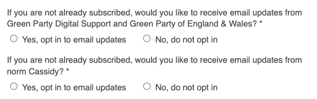 Screenshot of two email opt-in questions, one for a group and one for an individual.